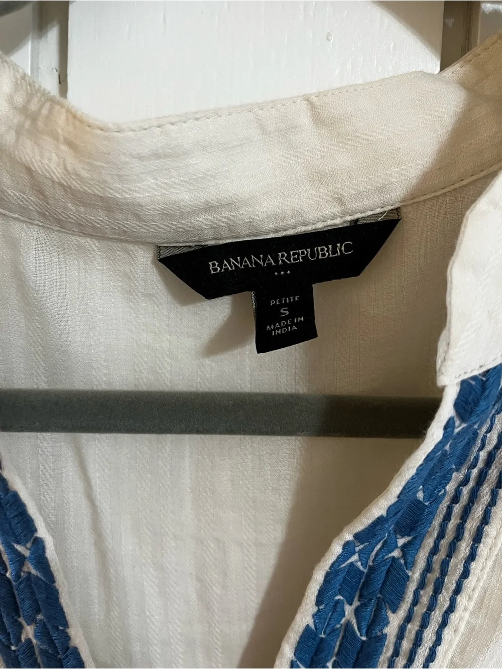 Banana Republic Cream Peasant Blouse with Navy Embroidery